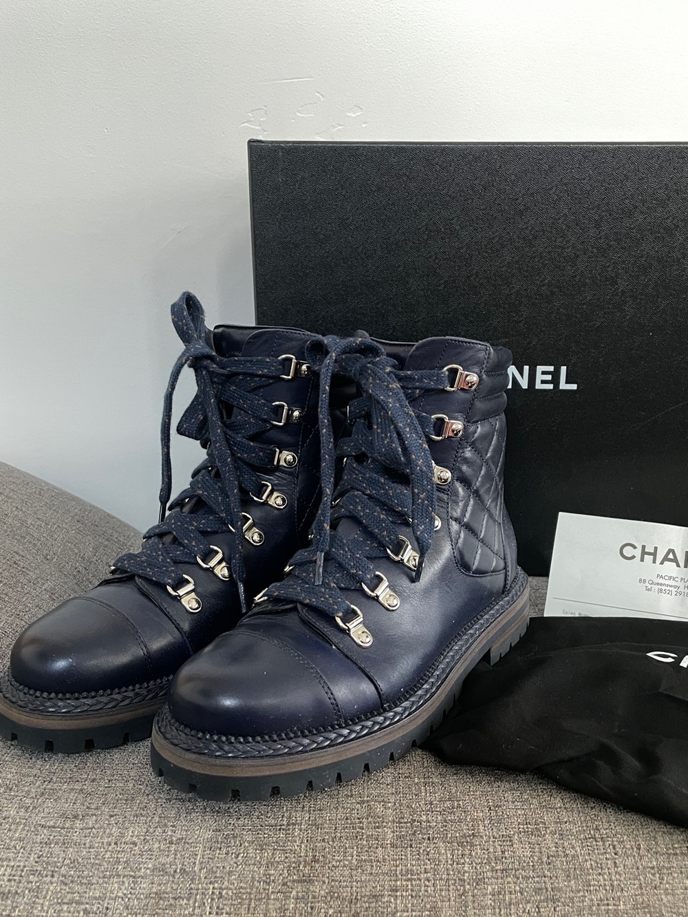 Chanel Navy Quilted Leather Lace-Up Boots - Size 36.5